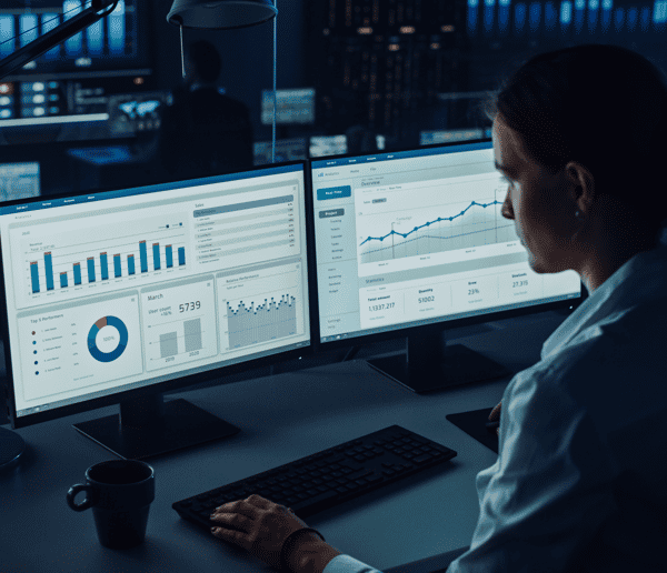 Woman sitting in frot of 2 screens in a control room looking at data