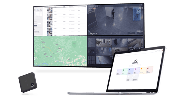 Maquete de vnp, uClient, tela mostrando um mapa, 2 câmeras de segurança e um gerenciador de vídeo, e laptop